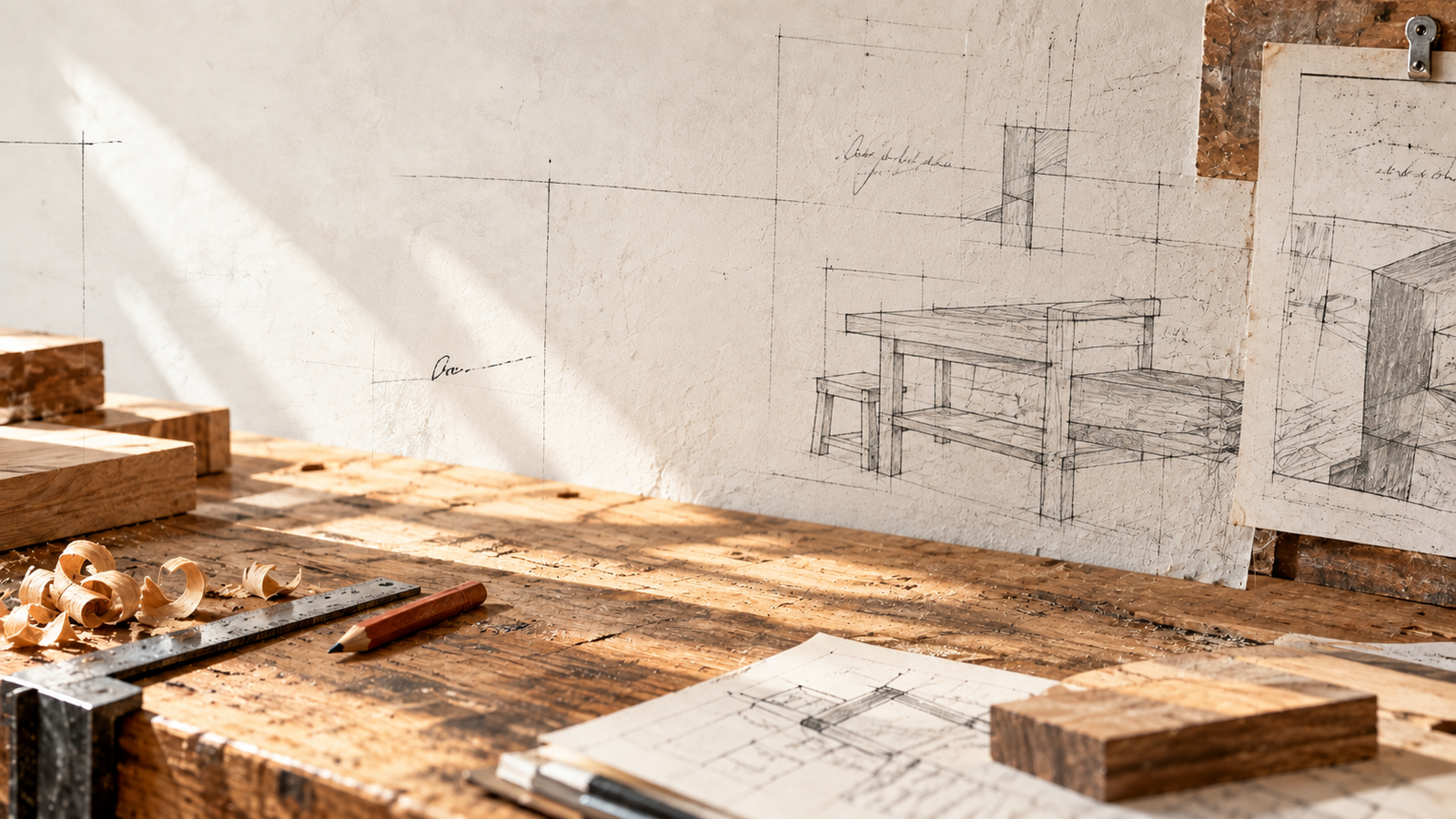 Banco da lavoro con materiali e strumenti, metafora del lavoro concreto dell’impresa