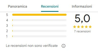 Riepilogo delle recensioni Google di Gocce di Memoria: 5,0 su 5 e sette recensioni, tutte da cinque stelle, al 4 ottobre 2026.