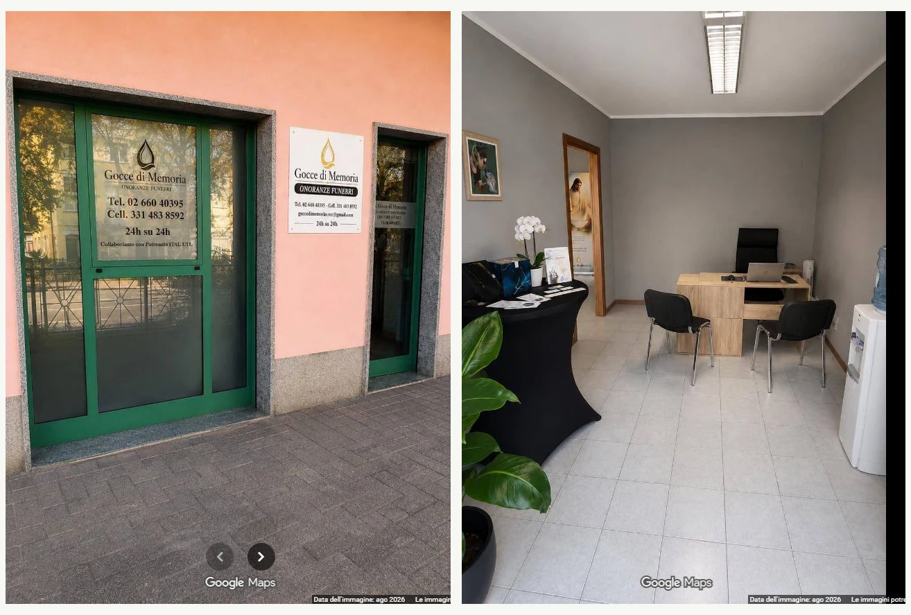 Ingresso della sede di Gocce di Memoria a Lomazzo e interno dell’ufficio con scrivania e sedute.