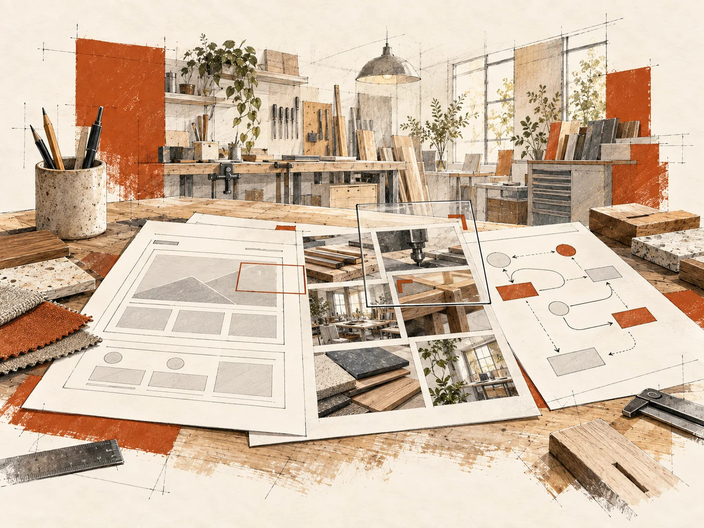 Illustrazione di un laboratorio con tavole di analisi del sito e dei percorsi digitali