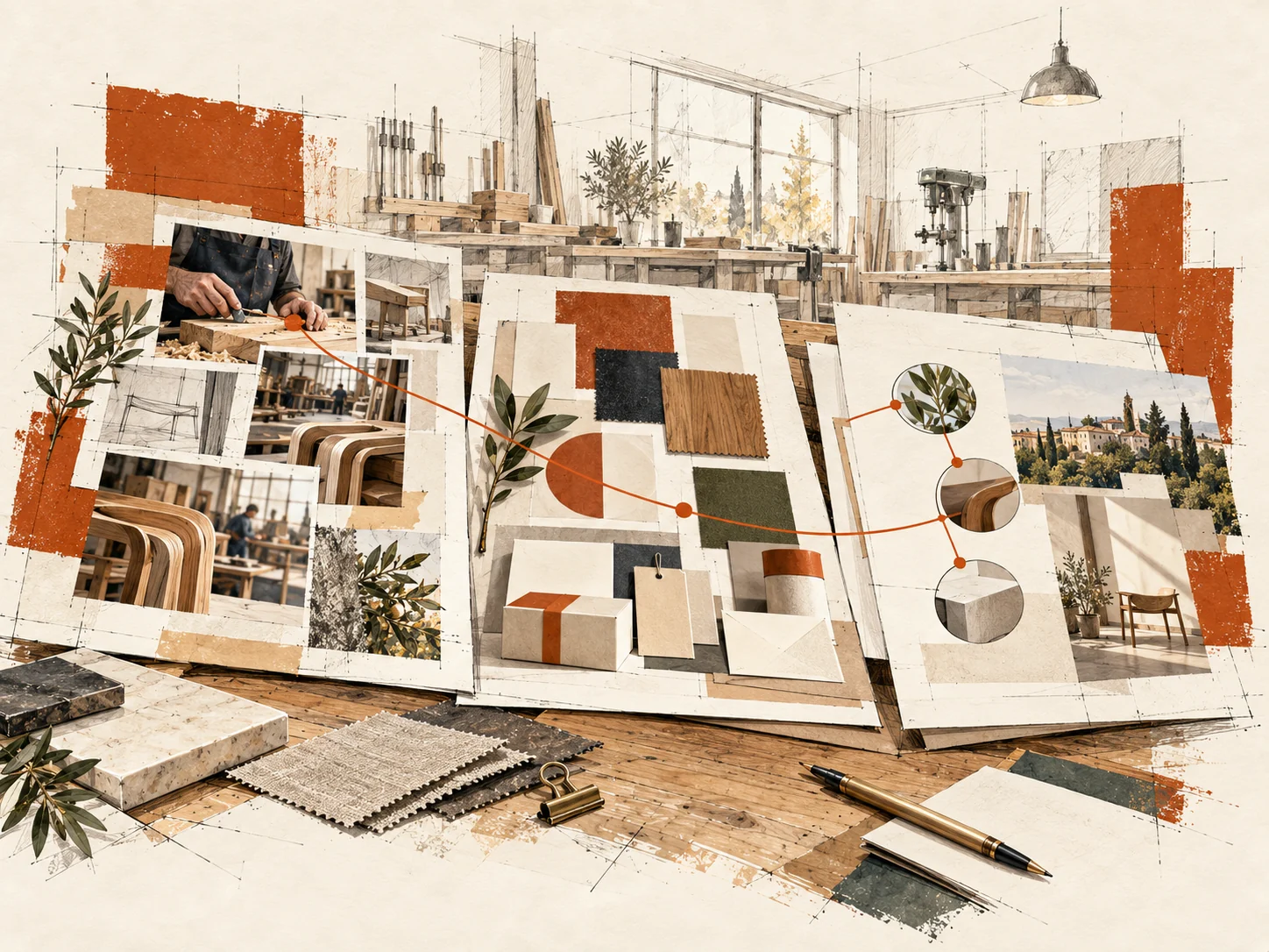 Illustrazione di un laboratorio con materiali e tavole collegate per la strategia digitale