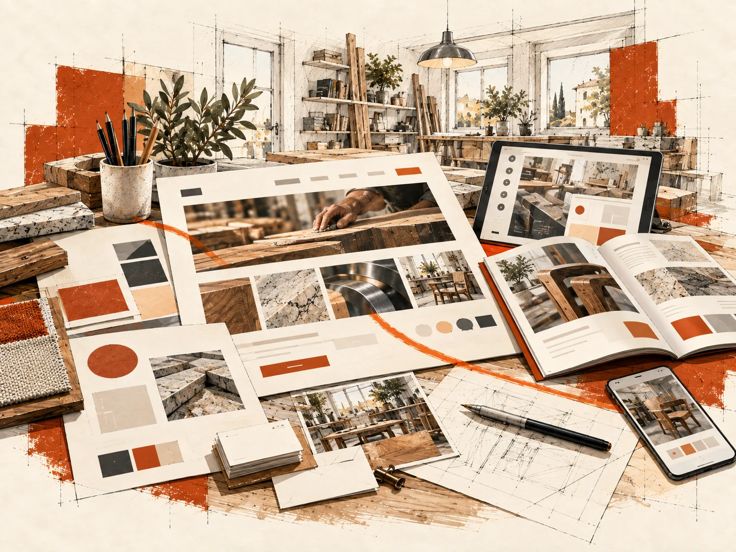 Illustrazione di un laboratorio con sito, catalogo e strumenti di comunicazione