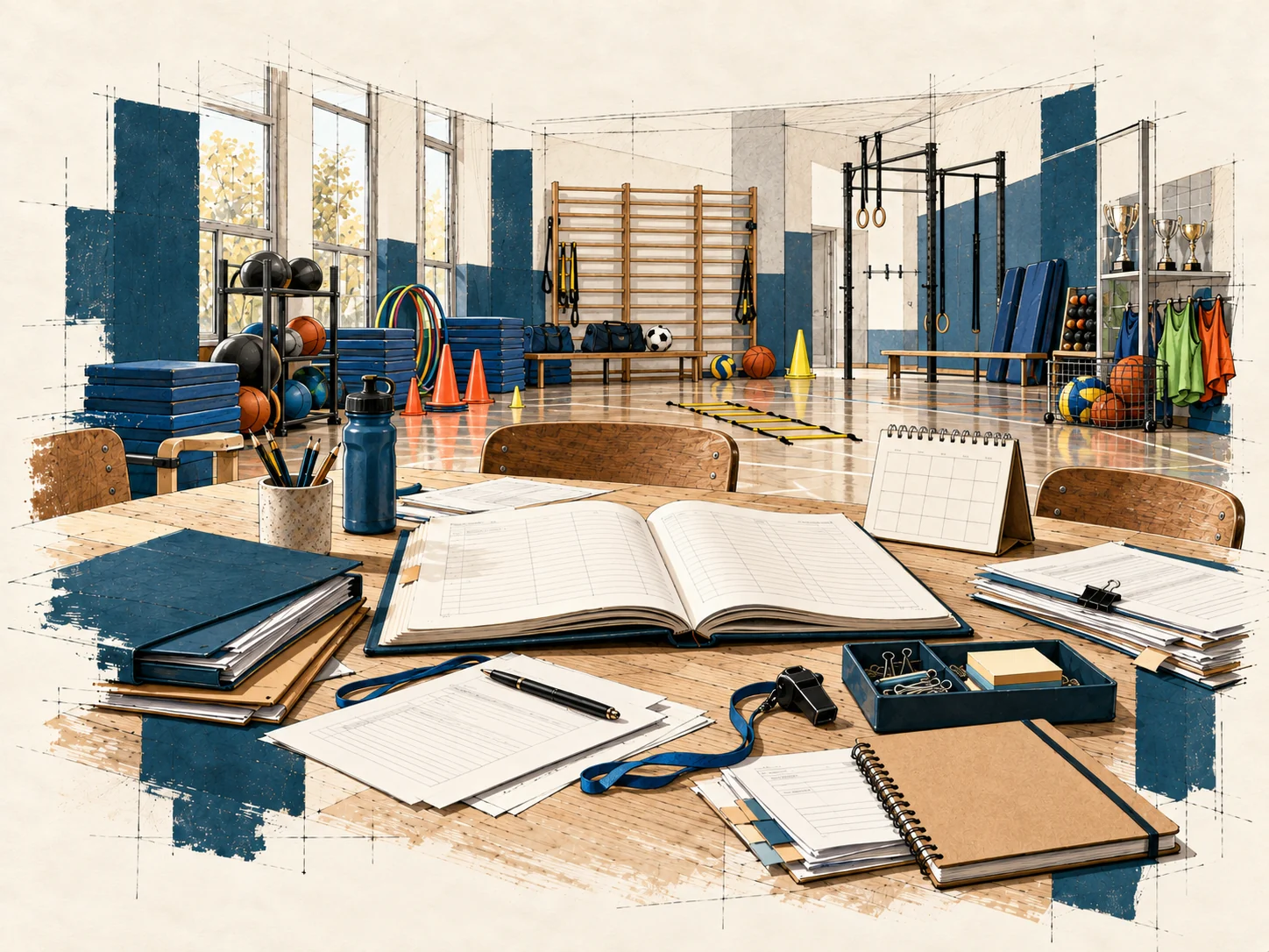 Illustrazione di una palestra associativa con registro e documenti organizzativi sul tavolo