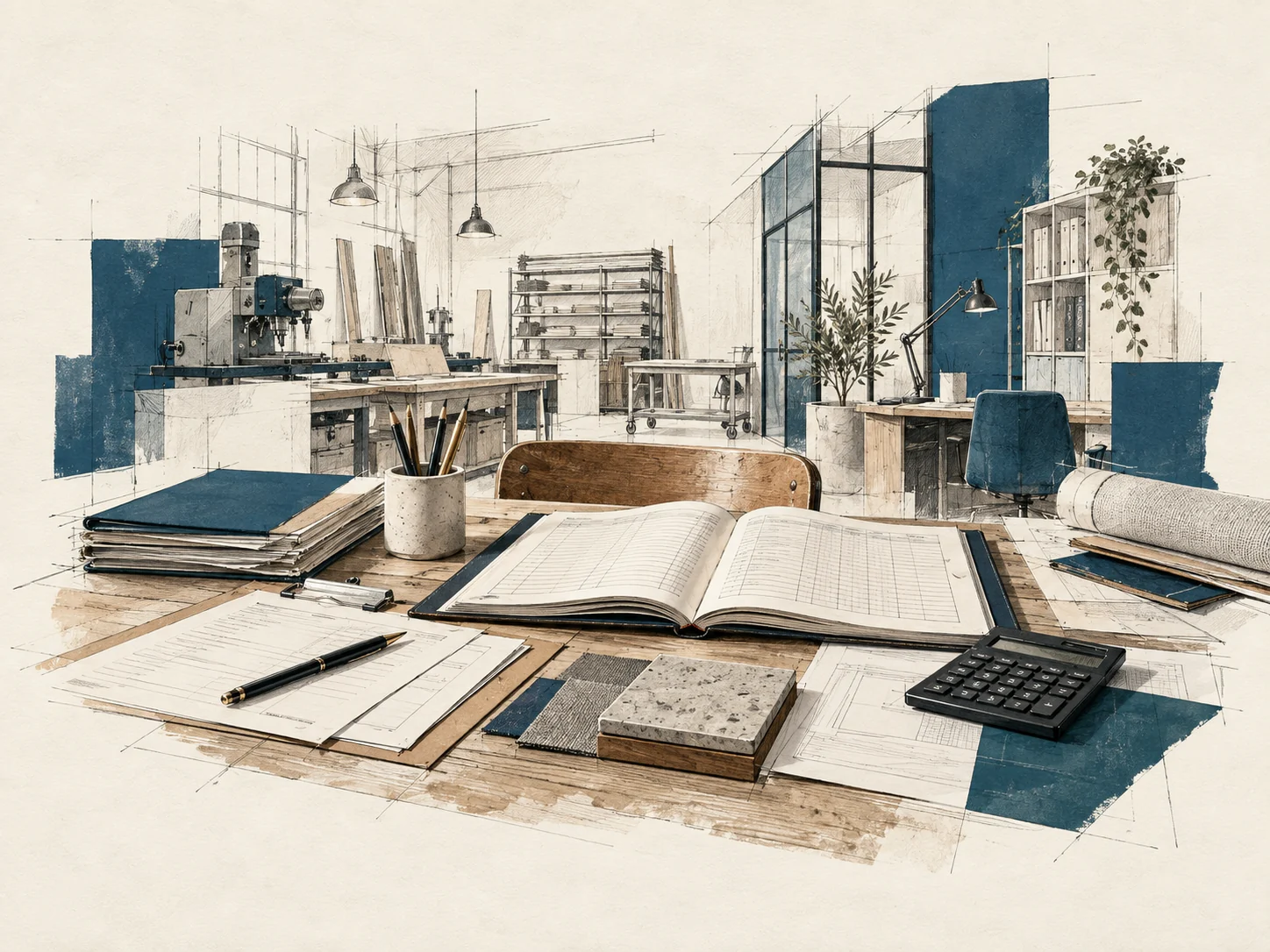 Illustrazione di un laboratorio d’impresa con documenti contabili e materiali sul tavolo di lavoro