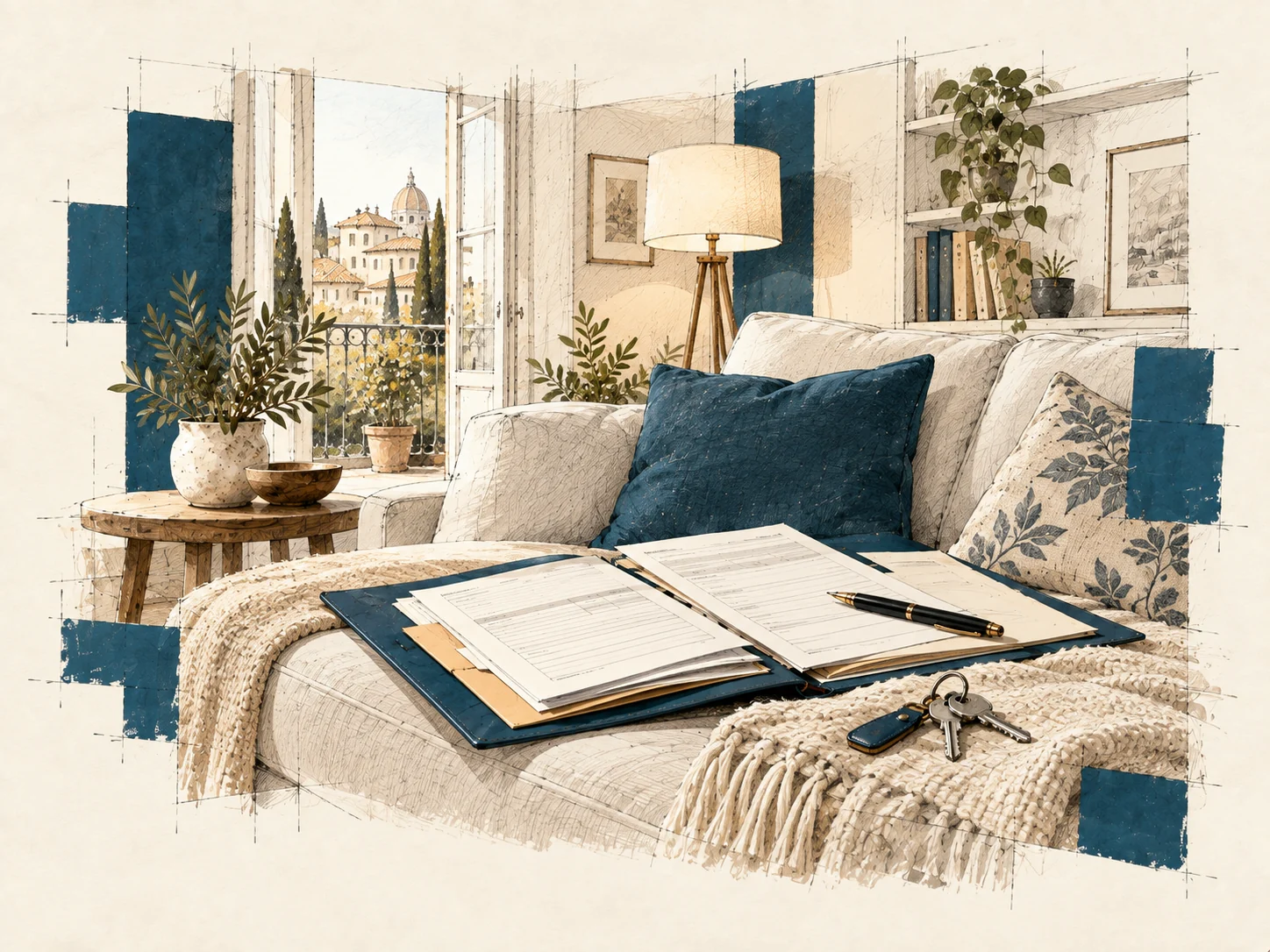 Illustrazione di un ambiente domestico con documenti personali e chiavi di casa